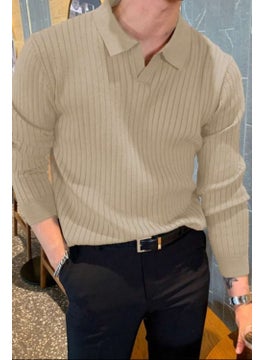 Cool Tarz Cool Style Beige Men's Polo Collar Ribbed Knitwear Sweater  - Image 3