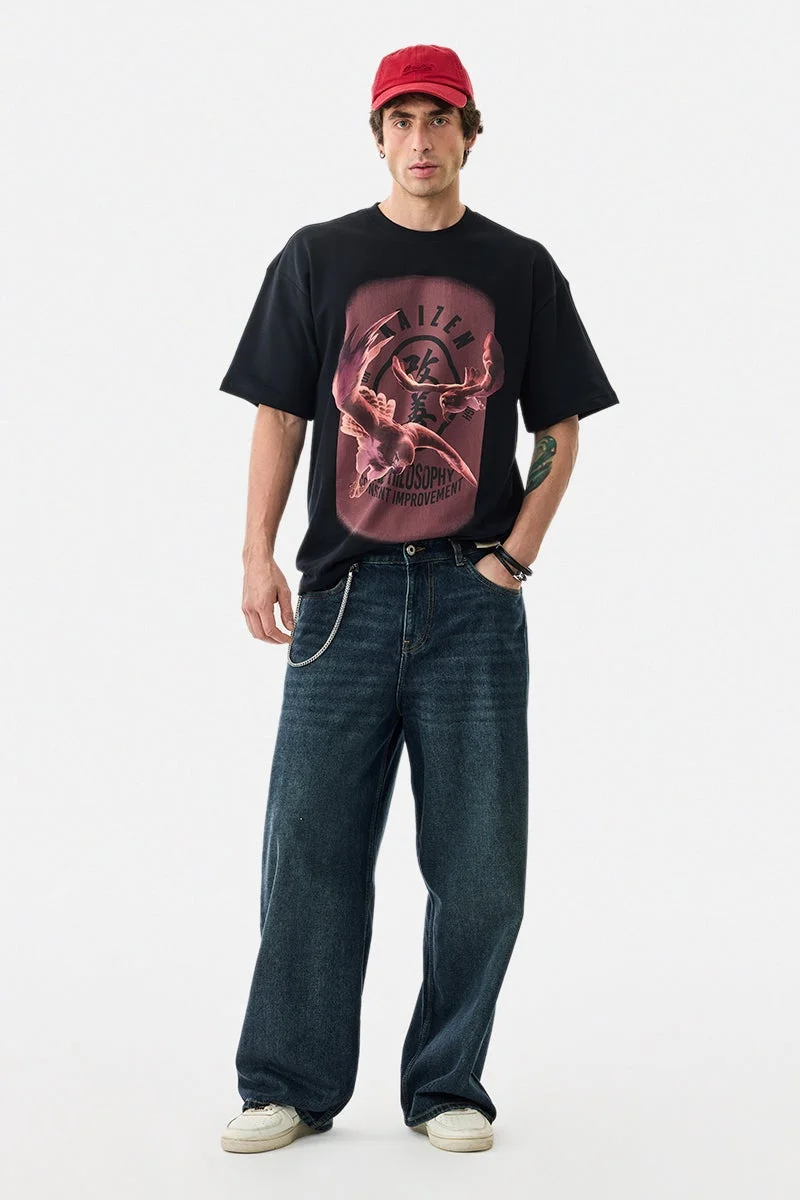 SNITCH Black Graphic Half Sleeve Oversized Streetwear T-Shirt