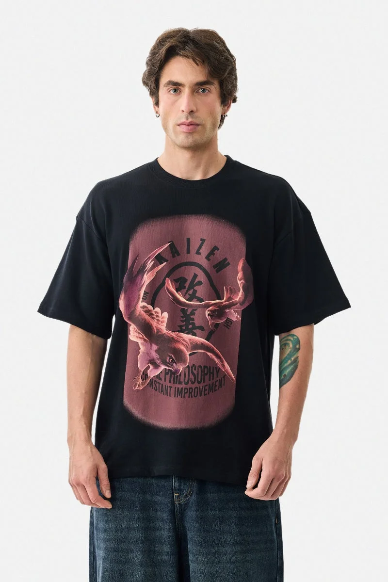 SNITCH Black Graphic Half Sleeve Oversized Streetwear T-Shirt