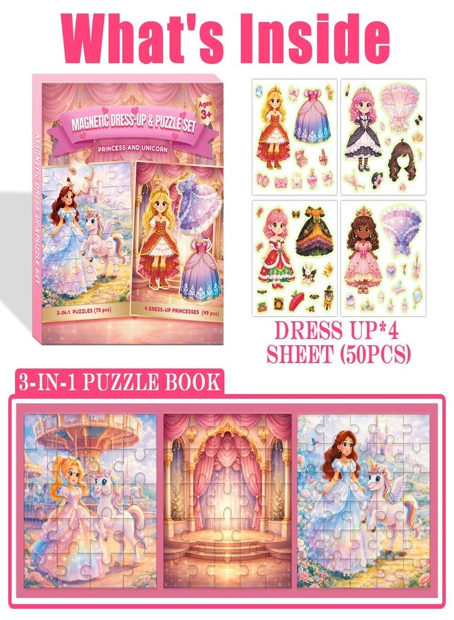 SOOVSY 2-in-1 Magnetic Puzzle & Dress Up Dolls Set for Girls 3-8, Princess Activity Kit with 3 Jigsaw Puzzles, 4 Magnetic Dolls and 50 Accessories, Screen-Free Travel Toy Birthday Gift for Kids - Image 3