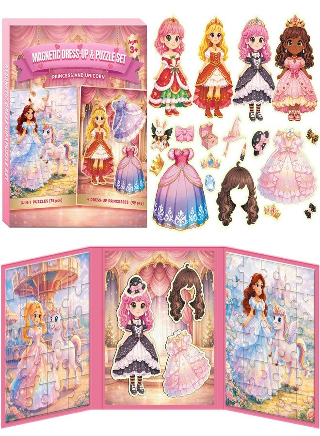SOOVSY 2-in-1 Magnetic Puzzle & Dress Up Dolls Set for Girls 3-8, Princess Activity Kit with 3 Jigsaw Puzzles, 4 Magnetic Dolls and 50 Accessories, Screen-Free Travel Toy Birthday Gift for Kids - Image 1