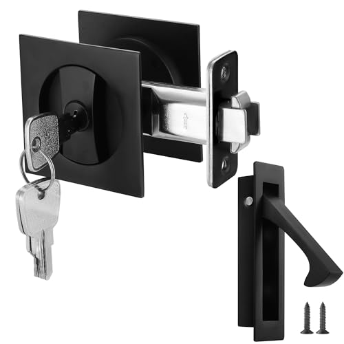 Malimali Pocket Door Lock Pocket Door Hardware Square Door Lock for Privacy Sliding Door Bifold Door Locks and Pulls Handles Replacement Hardware Matte Black Set A Entry Lock with Key - Image 1