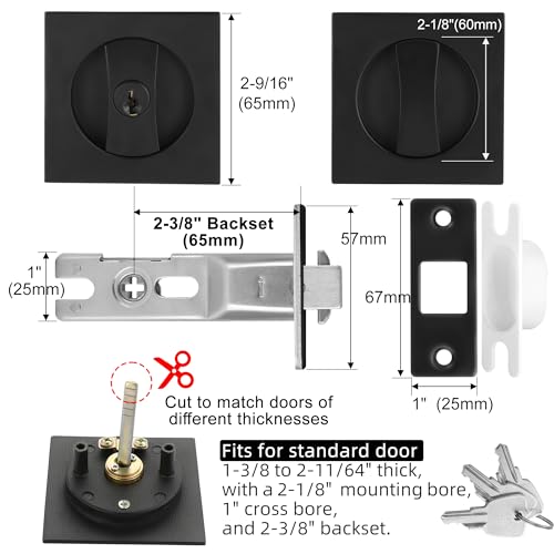 Malimali Pocket Door Lock Pocket Door Hardware Square Door Lock for Privacy Sliding Door Bifold Door Locks and Pulls Handles Replacement Hardware Matte Black Set A Entry Lock with Key - Image 3