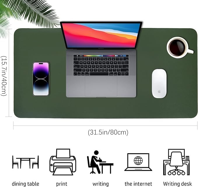 AROPANA Vegan Leather Desk Mat | Large Reversible Mouse Pad & Computer Table Protector | Dual-Side Waterproof Extended Laptop Pad with Edge-Stitched Design (80x40CM, Deep Green & Grey) - Image 5