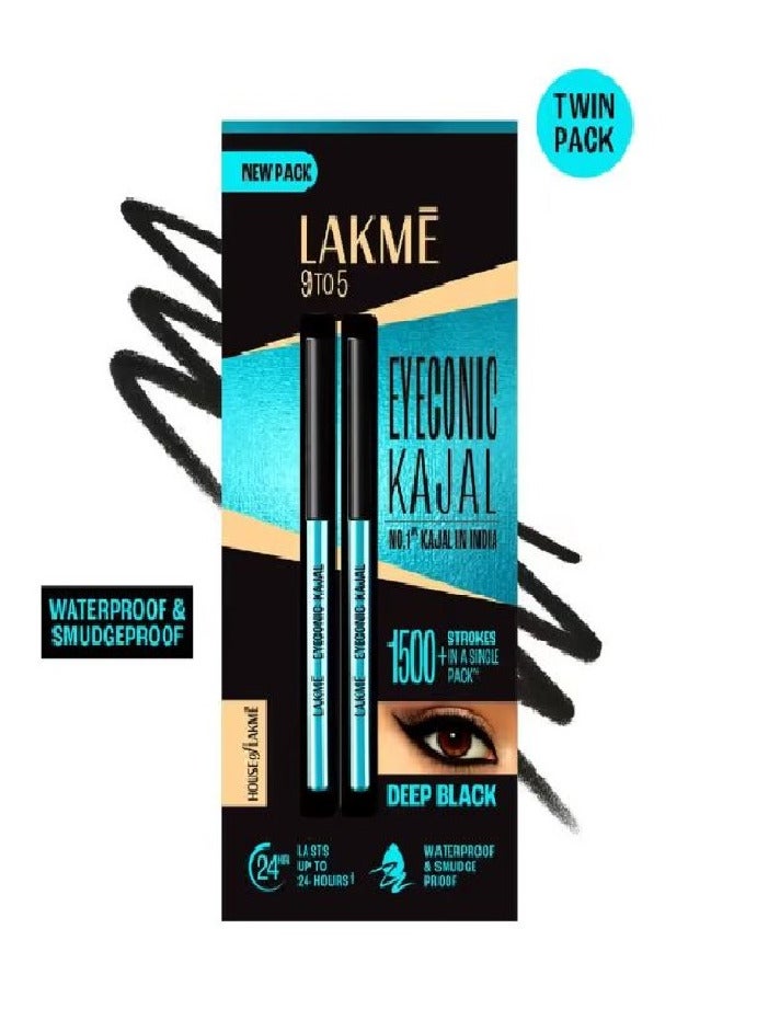 Lakme 9 to 5 Eyeconic Kajal - Deep Black -Twin Pack | Smudgeproof | Waterproof | Lasts Upto 24 Hrs - Image 1