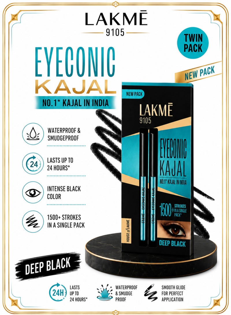 Lakme 9 to 5 Eyeconic Kajal - Deep Black -Twin Pack | Smudgeproof | Waterproof | Lasts Upto 24 Hrs - Image 1