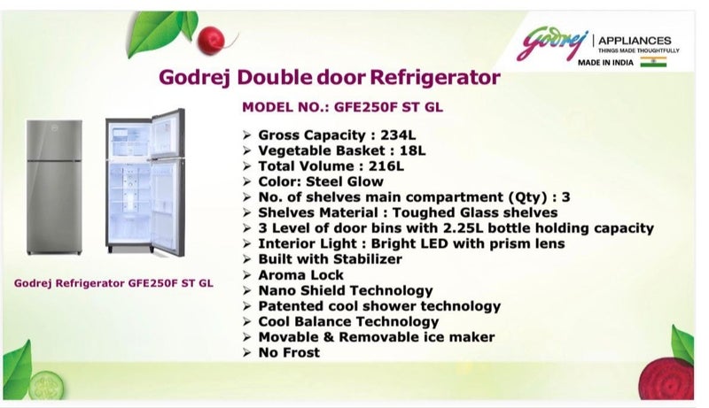 Godrej 234 Ltr Gross / 216 Ltr Net Capacity Frost Free Nano Shield Technology Inverter Double Door Refrigerator (GFE250F ST GL) RT GFE250F ST GL Steel Glow - Image 3
