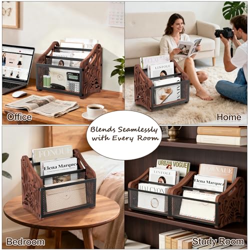 QILICHZ Magazine Holder,3-Compartment Magazine Rack Floor,Wood Magazines File Holder Organizer,Rustic Magazines Storage Basket for Books,Newspapers,Mails,Files - Image 3