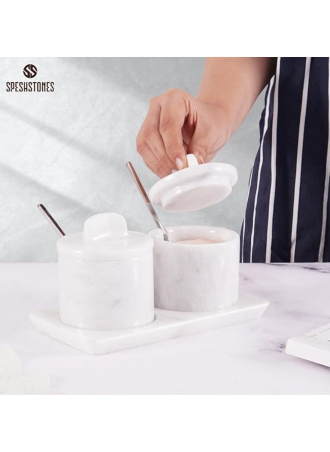RADICALn Marble Salt Cellar With Lid and tray 3'' Inches White Handmade Salt Storage Box with Lid - Salt Bowl, Sugar Container, Seasoning Container For Vintage Kitchen Decor  - Image 2