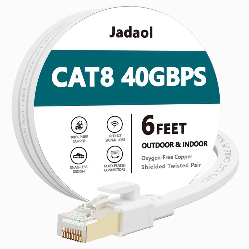 Jadaol Cat 8 Ethernet Cable 6 ft, 40Gbps 2000MHz Flat RJ45 S/FTP LAN Patch Cable, High-Speed Cat8 Network Cable for Router, Modem, Switch, Gaming Consoles, PC, Home Network & Streaming Devices, White - Image 1