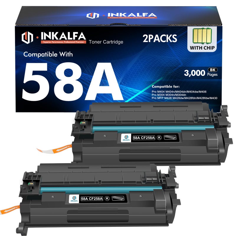inkalfa CF258A 58A Toner Cartridge Black 58X CF258X Compatible Replacement for HP 58A CF258A M428fdw for HP LaserJet MFP M428fdw M428fdn M428dw M404 M428 Pro M404n M404dn M404dw Printer 2 Pack with Chip - Image 1