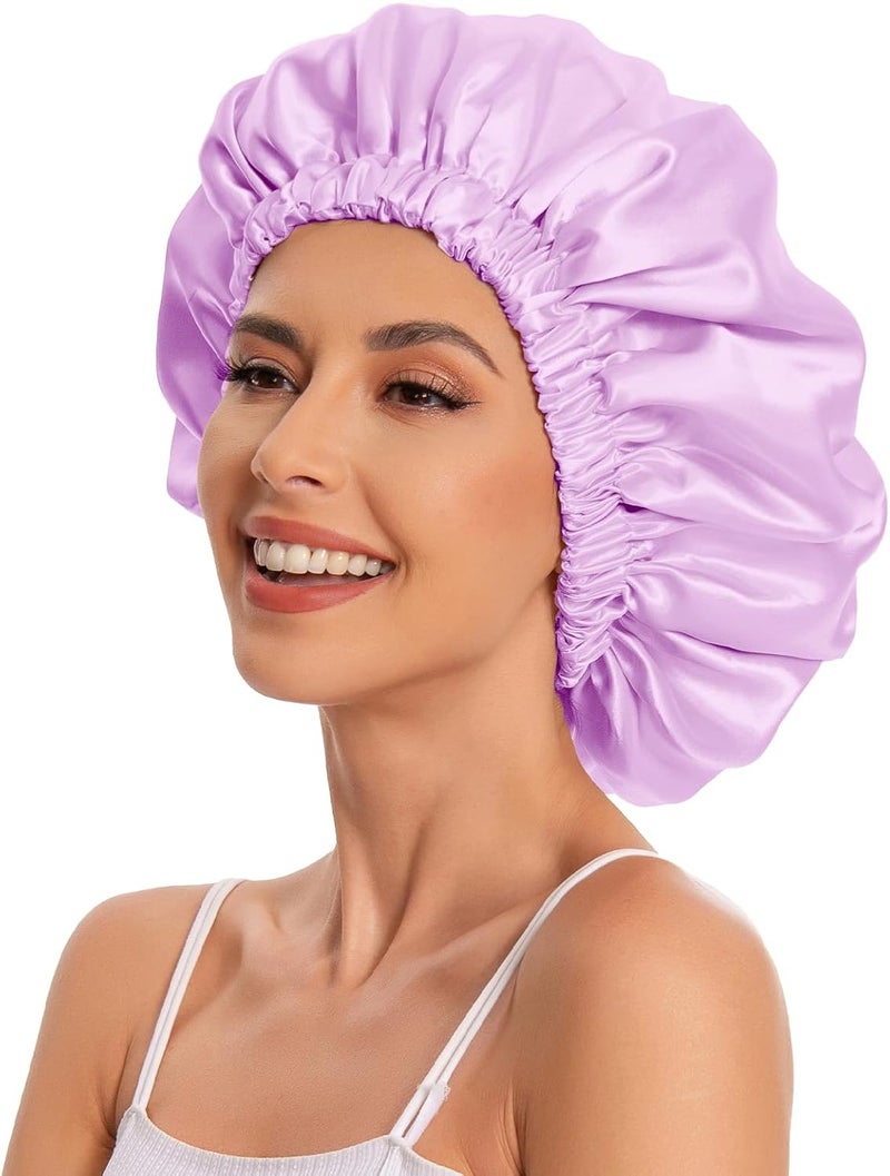Edoneery Satin Bonnet Silk Bonnet Hair Bonnet for Sleeping-Slouchy Beanie Hat Satin Sleep Cap for Women's Natural & Curly Hair(Light Purple) - Image 4