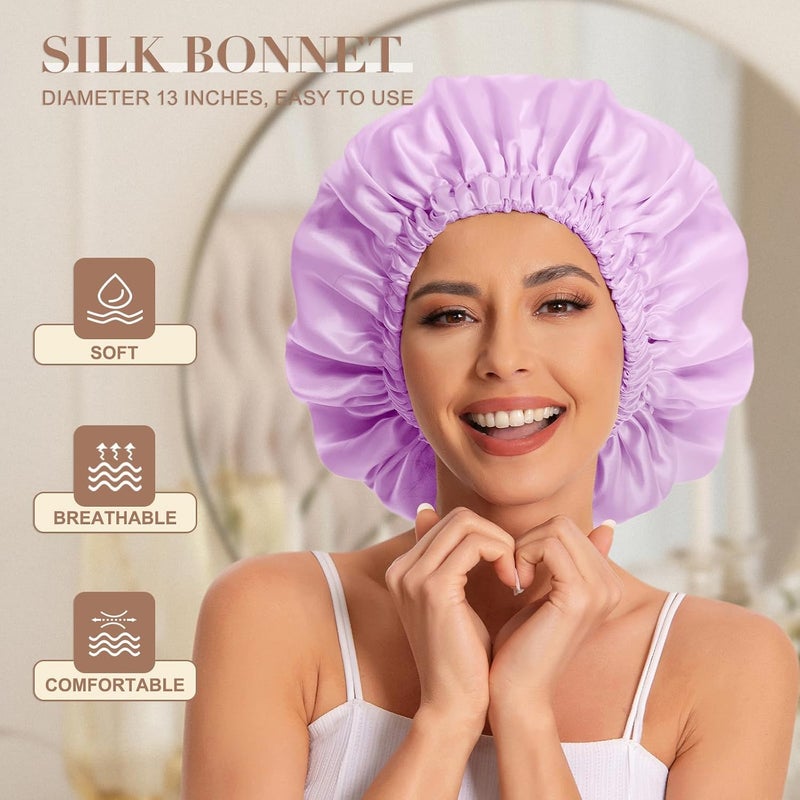 Edoneery Satin Bonnet Silk Bonnet Hair Bonnet for Sleeping-Slouchy Beanie Hat Satin Sleep Cap for Women's Natural & Curly Hair(Light Purple) - Image 2