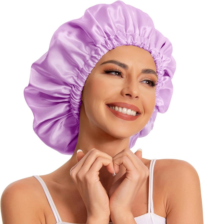 Edoneery Satin Bonnet Silk Bonnet Hair Bonnet for Sleeping-Slouchy Beanie Hat Satin Sleep Cap for Women's Natural & Curly Hair(Light Purple) - Image 1