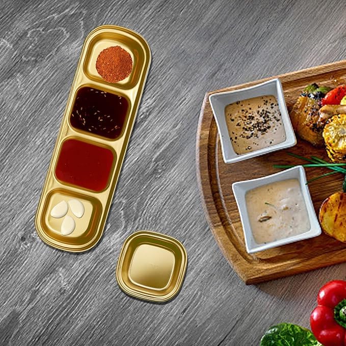 SAMUSAGYA Sauce Dish 4-Grid Dipping Tray - Stainless Steel Serving Platter - Condiment Seasoning Dipping Bowl Snack Sushi Tray Sugar Spices Oil Plate for BBQ Hot Pot (Gold) - Image 5