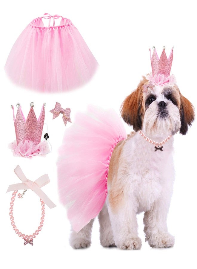 GAGILAND Dog Tutu Birthday Outfit Pink Tutu for Dogs for Small Medium Dogs Birthday Party Supplies Dog Birthday Hat Necklace and Bowtie Hairpin for Dogs (16-23 inch Wrist) - Image 1