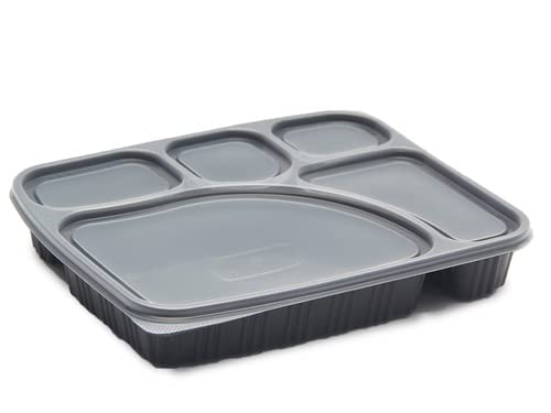 ACHIEVER PACKAGING 5 Compartment Unbreakable Made of 100% BPA Free Food Grade Virgin Plastic Plates Meal Tray with lid for Dinner, Lunch - Pack of 50 (Black) - Image 1