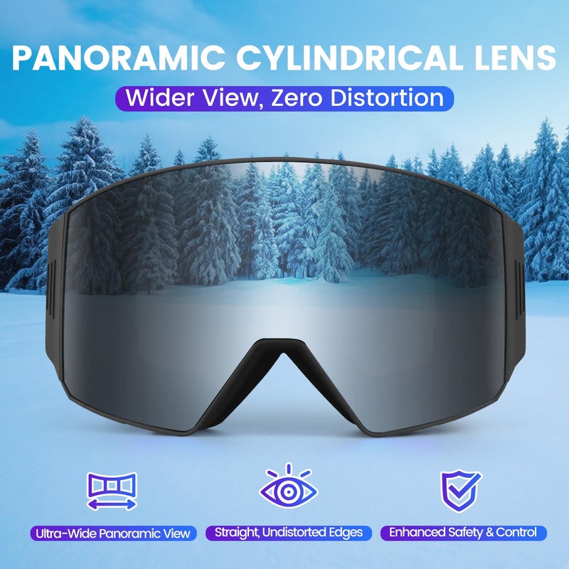 EXP VISION Ski Goggles Dual Lock Magnetic Snow Goggles Interchangeable Lens with Anti-Fog Panoramic Snowboard Goggles for Men & Women (ABlack-Silver) - Image 2