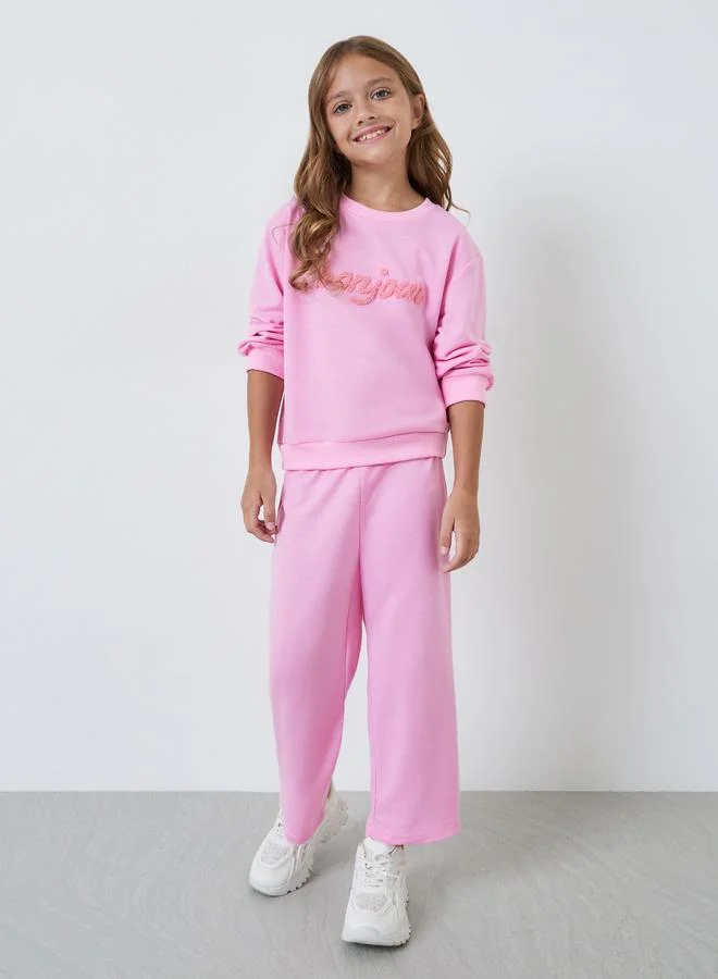 Styli Girls Pink Embroidered Sweatshirt and Wide-Leg Pants Set