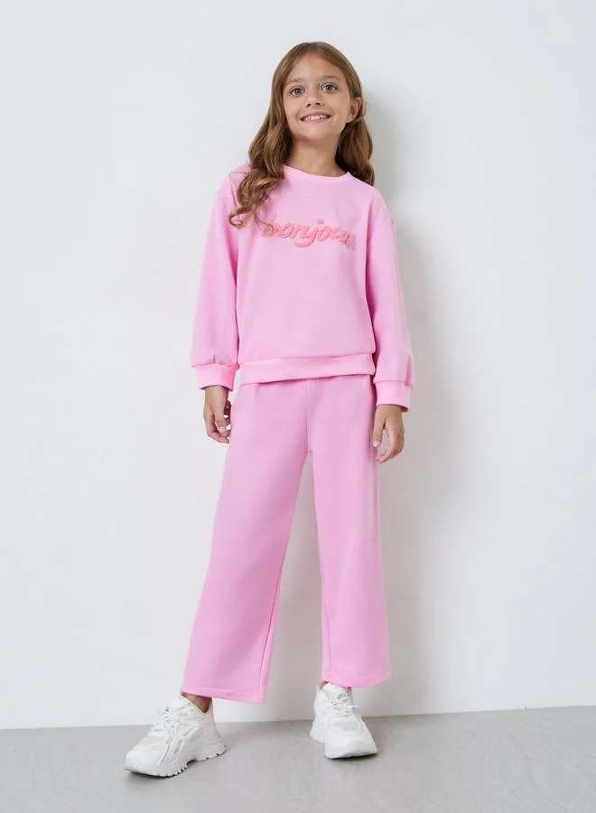 Styli Girls Pink Embroidered Sweatshirt and Wide-Leg Pants Set