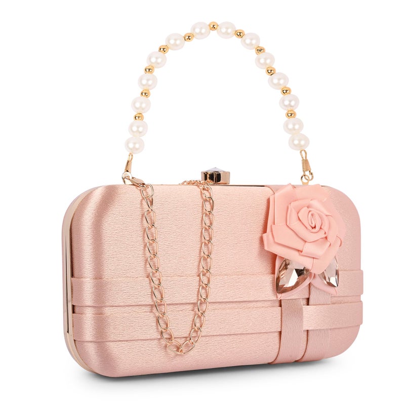 ADISA Studded flower formal party clutch with pearl handle and gold chain for women and girls (CL111-PIN) - Image 5
