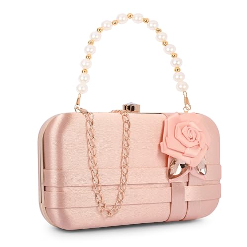 ADISA Studded flower formal party clutch with pearl handle and gold chain for women and girls (CL111-PIN) - Image 1