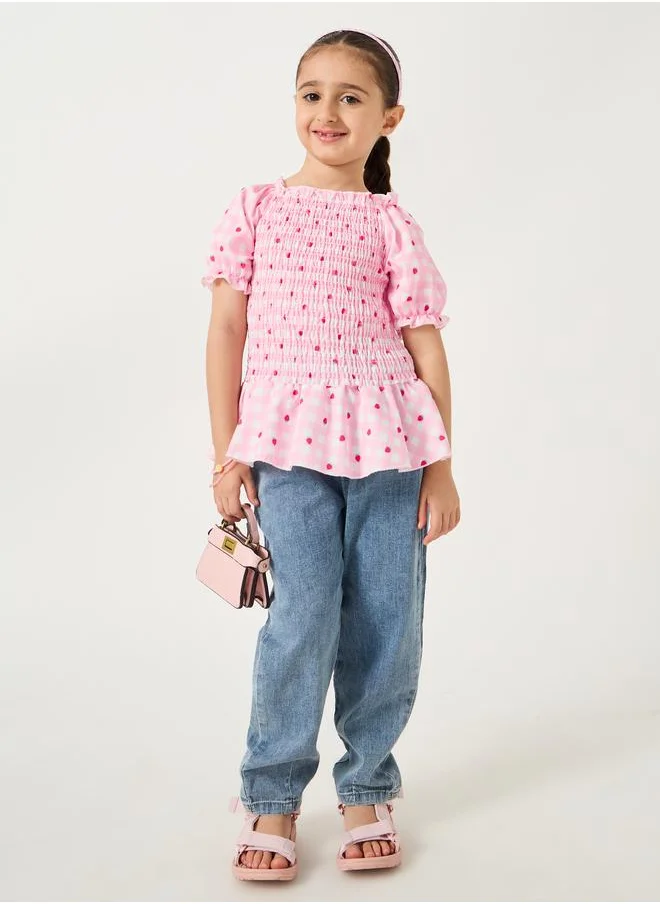 Styli Styli Smocked Puff Sleeve Ruffled Hem Blouse