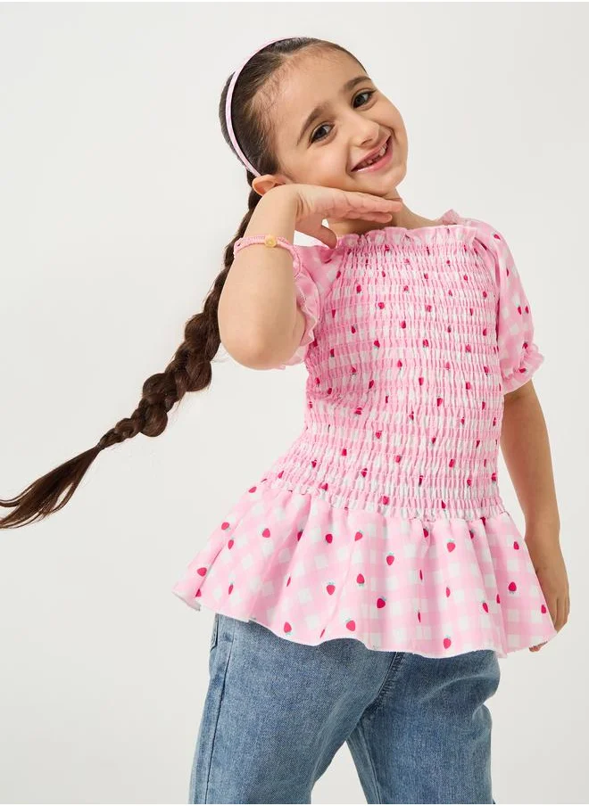 Styli Styli Smocked Puff Sleeve Ruffled Hem Blouse