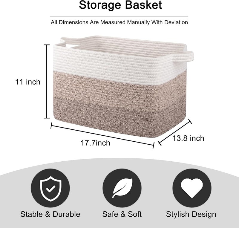 OIAHOMY Rectangle Woven Storage Basket - Nursery Cotton Rope Basket for Living Room, Toy and Blanket Organizing - Gradient Yellow, 18"x14"x12" - Image 3