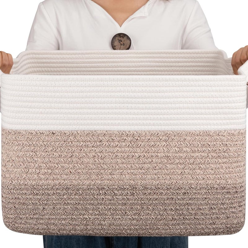 OIAHOMY Rectangle Woven Storage Basket - Nursery Cotton Rope Basket for Living Room, Toy and Blanket Organizing - Gradient Yellow, 18"x14"x12" - Image 1