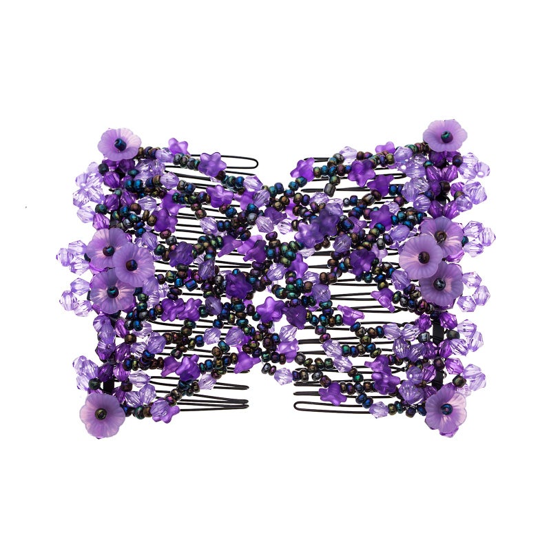 Ruihfas Vintage Beaded Crystal Flower Easy Stretchy Double Clips Hair Comb Hair Accessories Purple