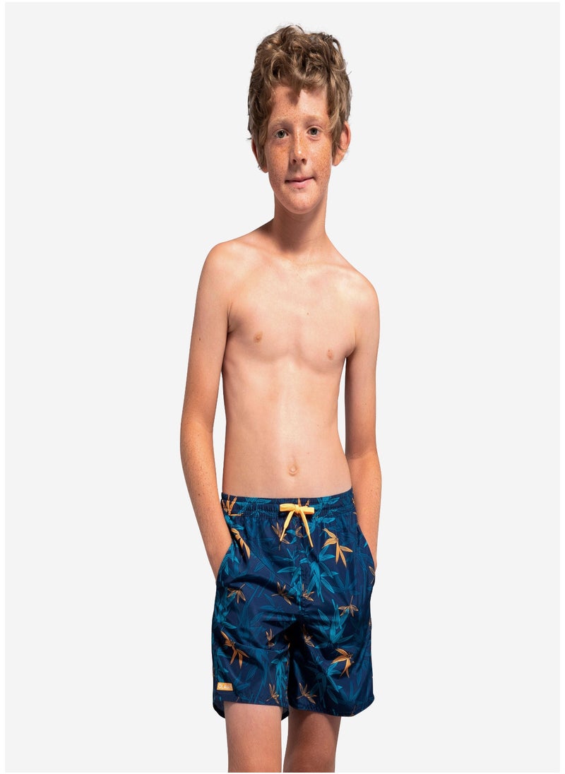 OLAIAN OLAIAN by DECATHLON, Boys’ surfing swim shorts with pockets - 100 Stories navy blue bamboo  - Image 1