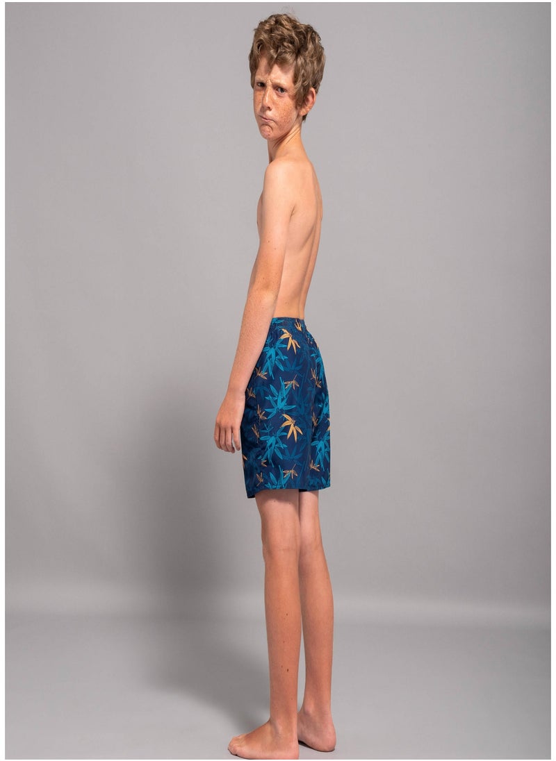 OLAIAN OLAIAN by DECATHLON, Boys’ surfing swim shorts with pockets - 100 Stories navy blue bamboo  - Image 4