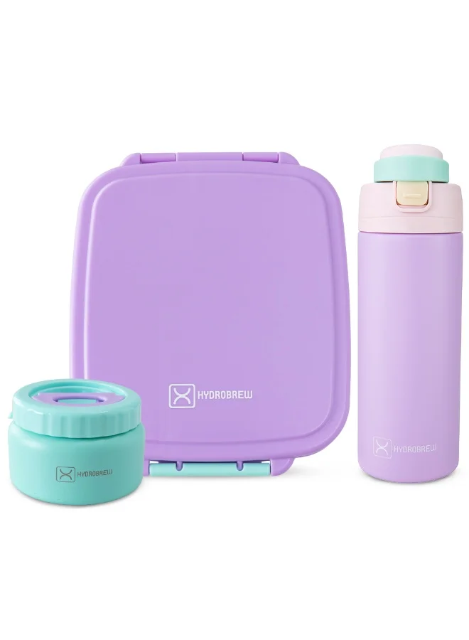 Hydrobrew Hydrobrew Mega Flex Bento Lunch Box 1864ml w/ SipSwitch Insulated Water Bottle 720ml | Leakproof Meal Box w/ Steel Jar – Orchid Mist