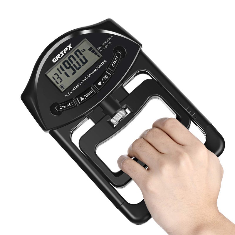 GRIPX Digital Hand Dynamometer Grip Strength Measurement Meter Auto Capturing Electronic Hand Grip Power 198Lbs / 90Kgs, Black - Image 1