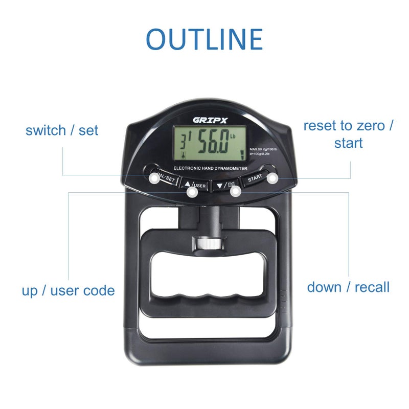 GRIPX Digital Hand Dynamometer Grip Strength Measurement Meter Auto Capturing Electronic Hand Grip Power 198Lbs / 90Kgs, Black - Image 3