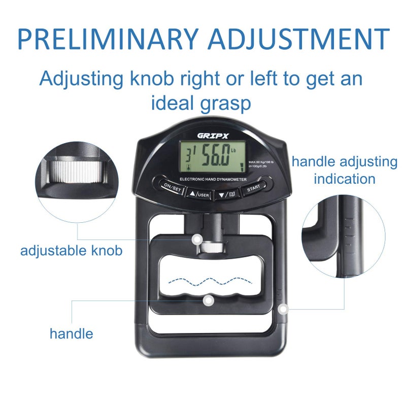 GRIPX Digital Hand Dynamometer Grip Strength Measurement Meter Auto Capturing Electronic Hand Grip Power 198Lbs / 90Kgs, Black - Image 5