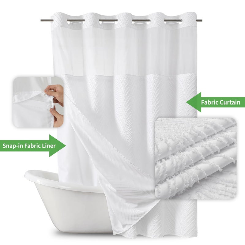eachope No Hook Shower Curtain and Liner Set,No Hook Tufted Striped Textured Shower Curtain with Snap in Liner Replacement and Waterproof Fabric,Boho Style with See Through Top Window,White,71Wx74H - Image 2