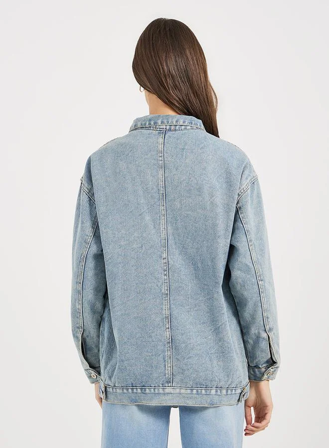 Styli Oversized Longline Denim Jacket with Flap Pocket