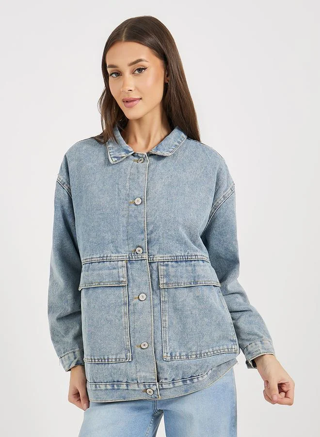 Styli Oversized Longline Denim Jacket with Flap Pocket