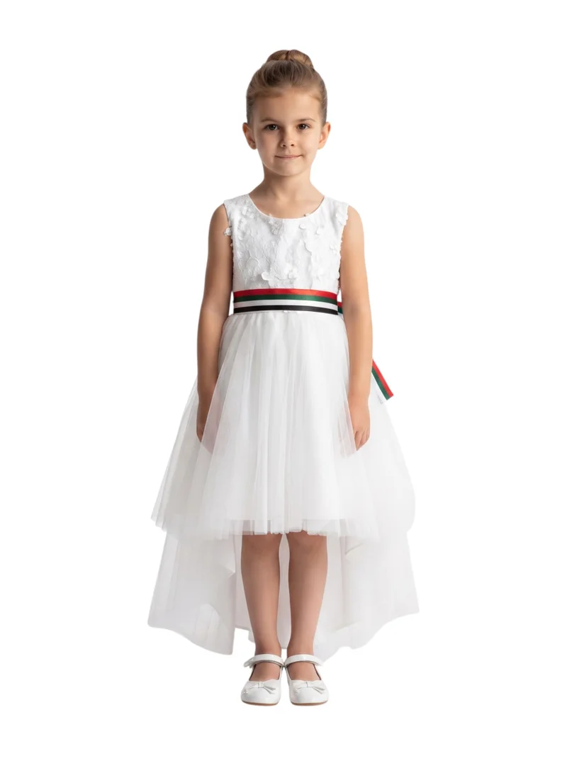 بيداني Girls 2-in-1 White Floral Lace High-Low Tulle Party Dress with Removable UAE Flag Belt