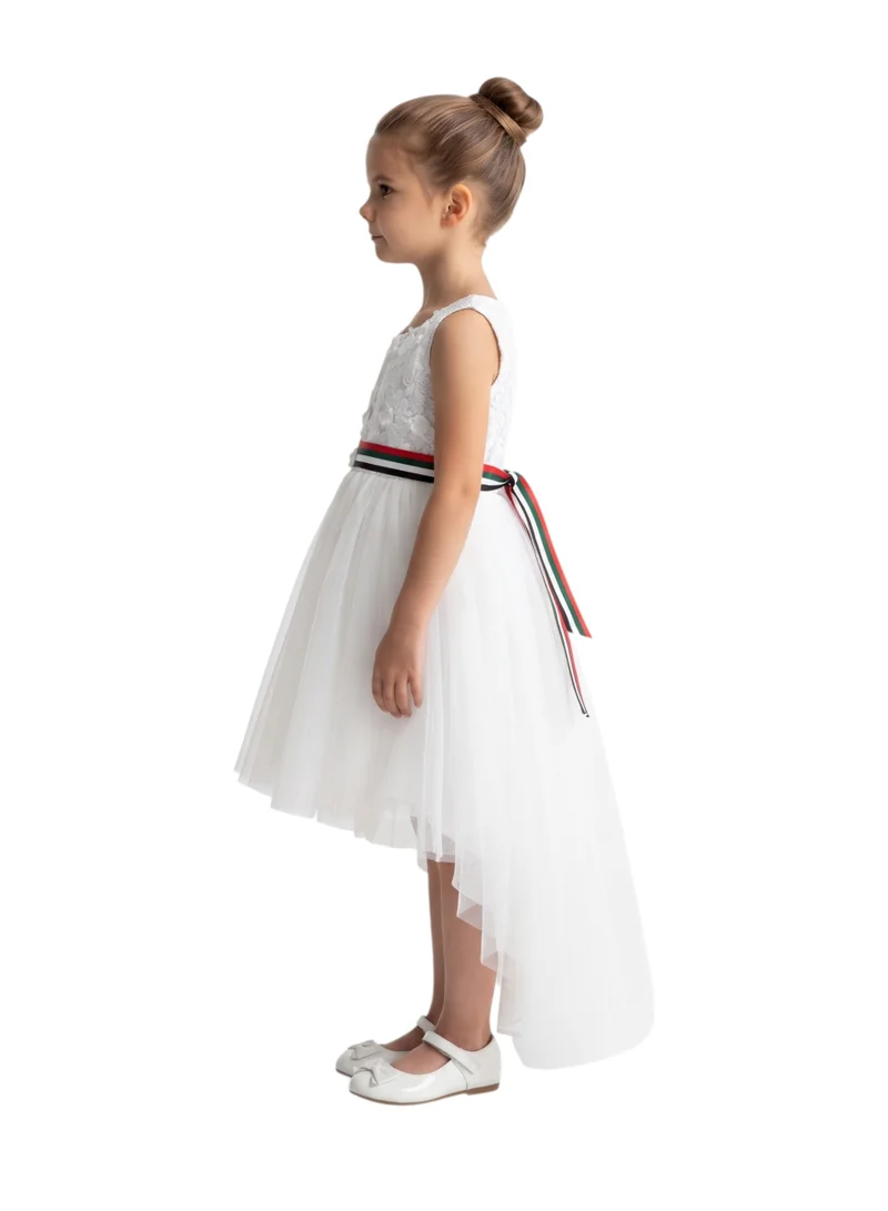 بيداني Girls 2-in-1 White Floral Lace High-Low Tulle Party Dress with Removable UAE Flag Belt