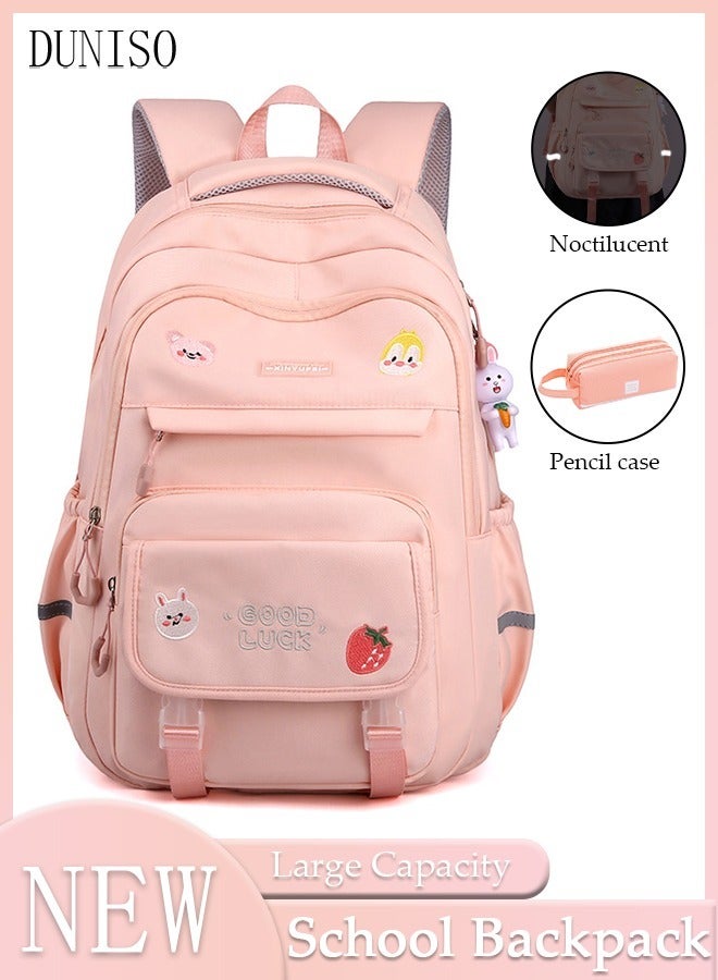 DUNISO Girl's School Backpack with Pencil Case Waterproof Book Bag with Compartments for Teen Girl Kid Students Elementary School Kids' School Bag With Large Capacity and Reflective strip - Image 1
