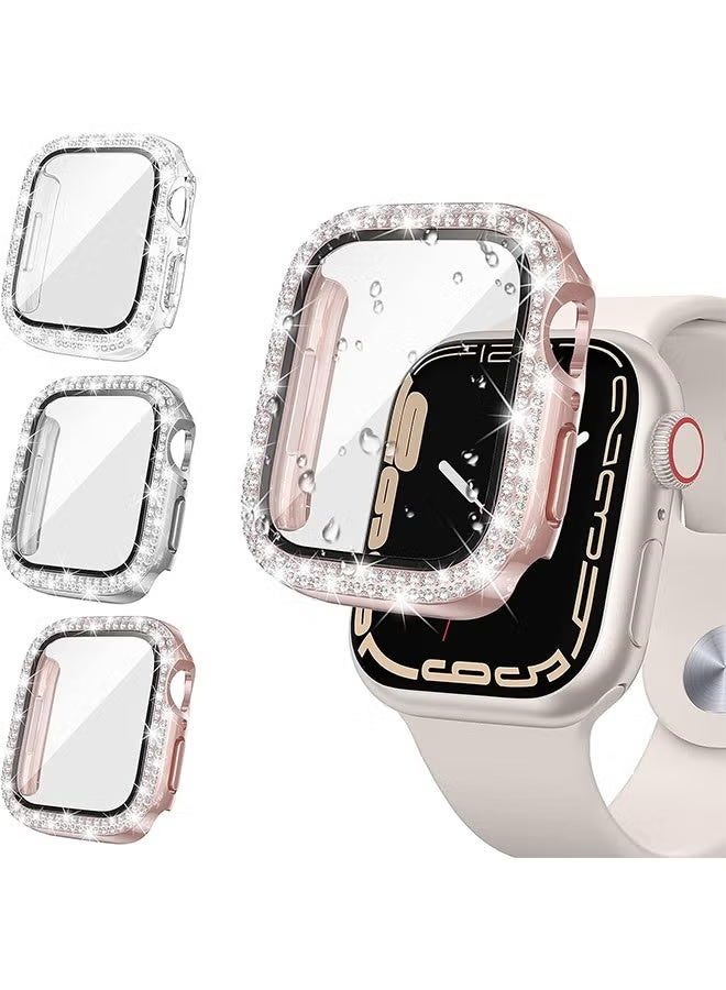 3Pcs Apple Watch 45mm Case for Series 9/8/7, Hard PC Diamond Bumper with Built-in Tempered Glass, Bling Protective Cover for Women Girls - Image 1
