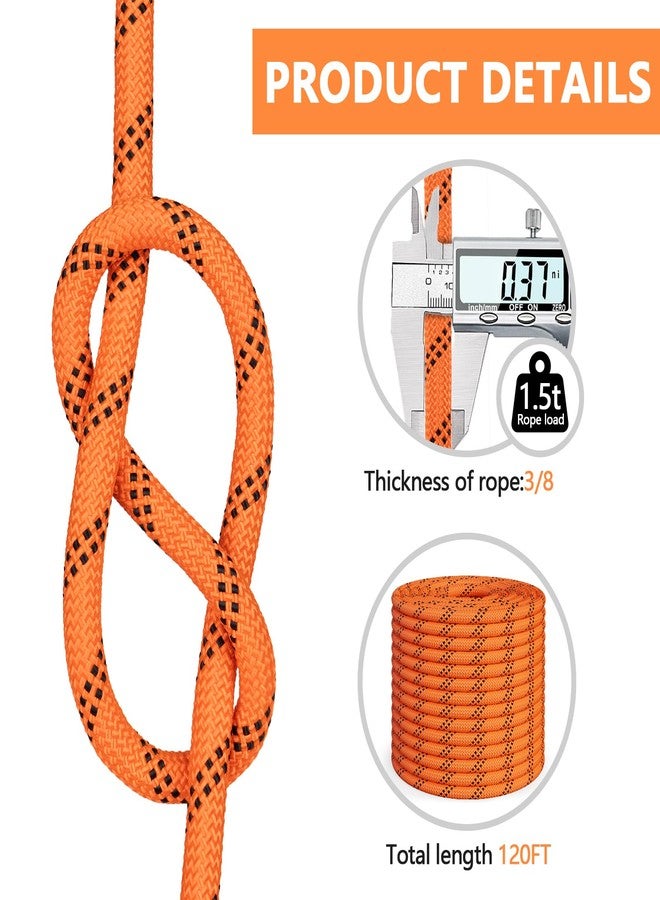 X XBEN Braided Polyester Arborist Rope 3/8 inch X 120ft, 48 Strands, 3430 LBS Breaking Strength Outdoor Rope, Arborist Rigging Rope for Rock Hiking Camping Swing Tree Rescue, Orange/Black - Image 2