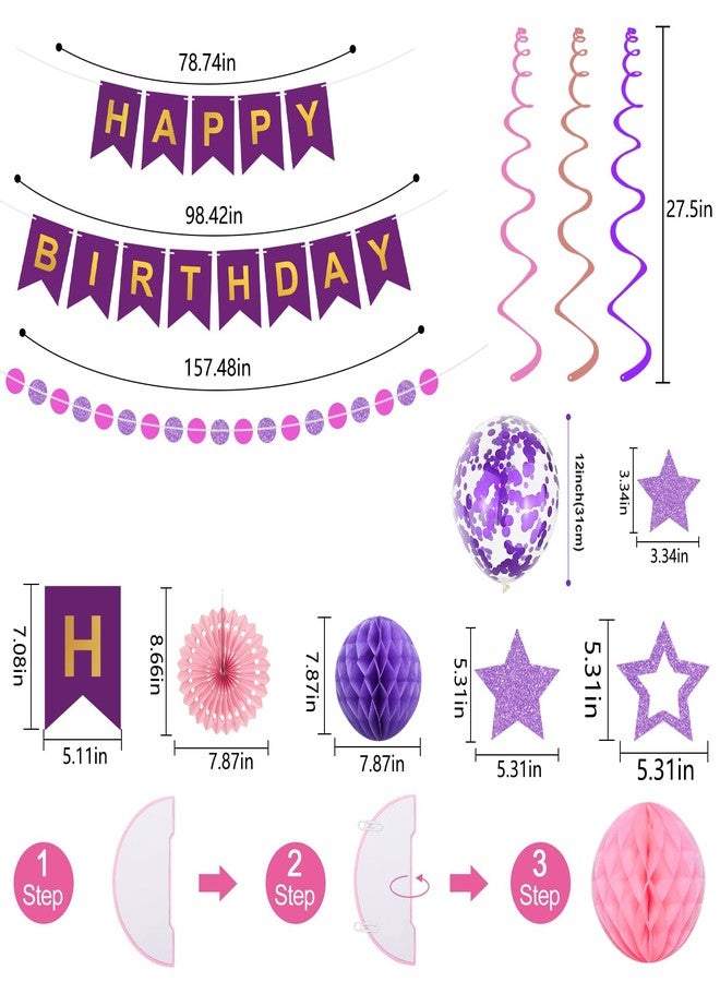 Yunfan Purple Birthday Decorations Happy Birthday Banner Circle Garland Balloons Star Swirl Streamers Paper Fans Honeycomb Balls Cupcake Toppers Happy Birthday Decorations for Girls Women - Image 4