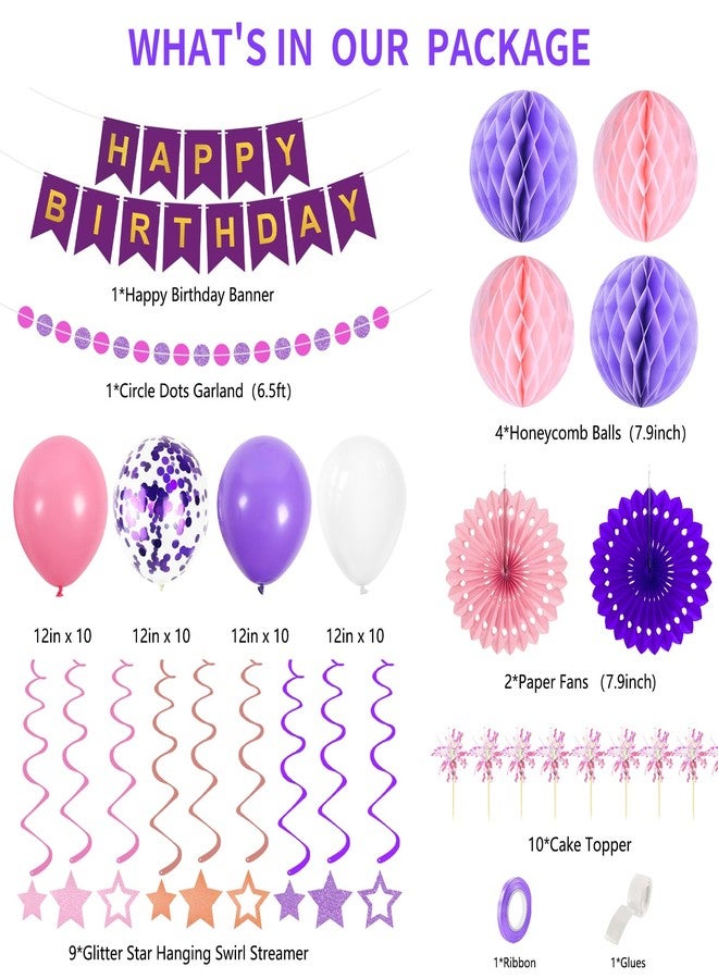 Yunfan Purple Birthday Decorations Happy Birthday Banner Circle Garland Balloons Star Swirl Streamers Paper Fans Honeycomb Balls Cupcake Toppers Happy Birthday Decorations for Girls Women - Image 3