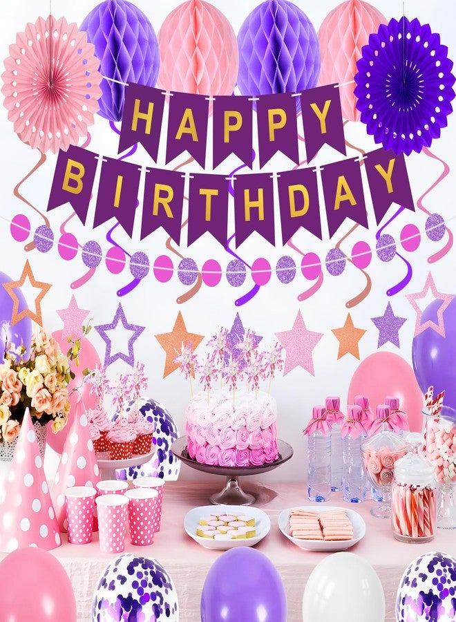 Yunfan Purple Birthday Decorations Happy Birthday Banner Circle Garland Balloons Star Swirl Streamers Paper Fans Honeycomb Balls Cupcake Toppers Happy Birthday Decorations for Girls Women - Image 2