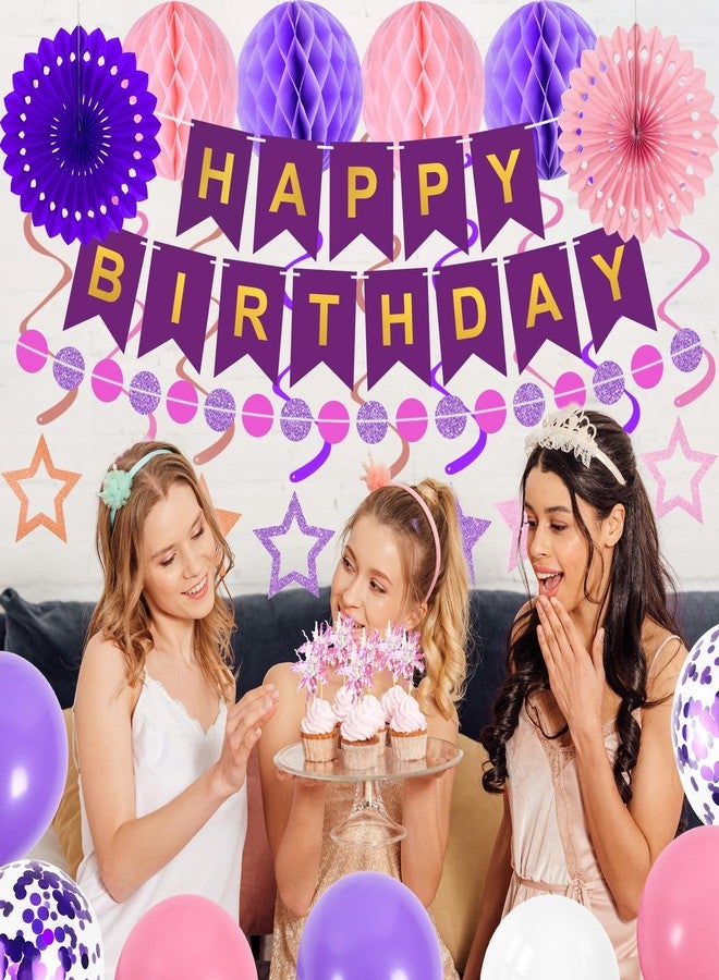 Yunfan Purple Birthday Decorations Happy Birthday Banner Circle Garland Balloons Star Swirl Streamers Paper Fans Honeycomb Balls Cupcake Toppers Happy Birthday Decorations for Girls Women - Image 5