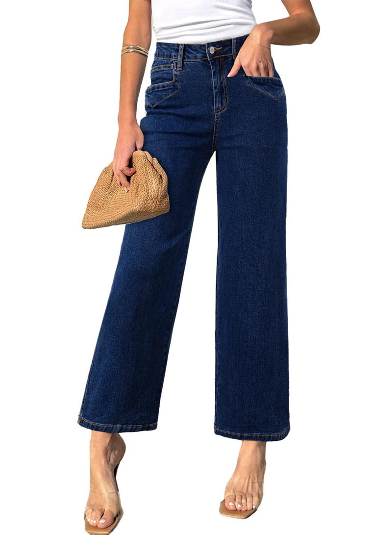 Sidefeel Women's Jeans High Waisted Wide Leg Jeans Stretchy Straight Leg Zimbaplatinum Ankle Denim Pants with Slant Pockets Dark Blue Size 6 - Image 1